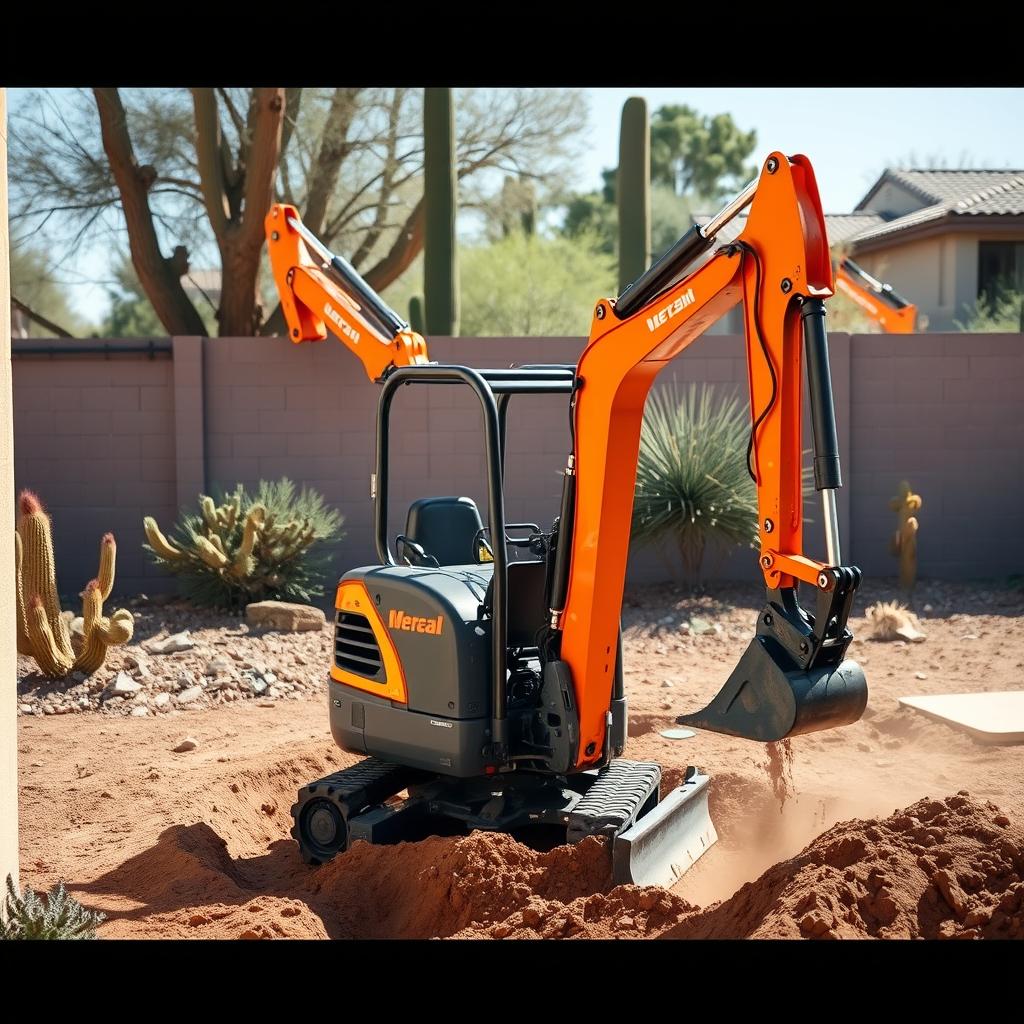 Mini excavator working in a tight-access residential backyard in Scottsdale, Arizona